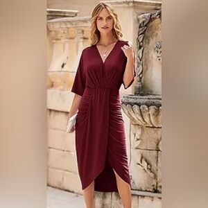Women's Ruched Wrap V Neck Split Hem Draped Front Bodycon Dresses